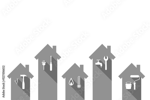 House and work tool icons. Home and tools icon set in flat design and gray color.