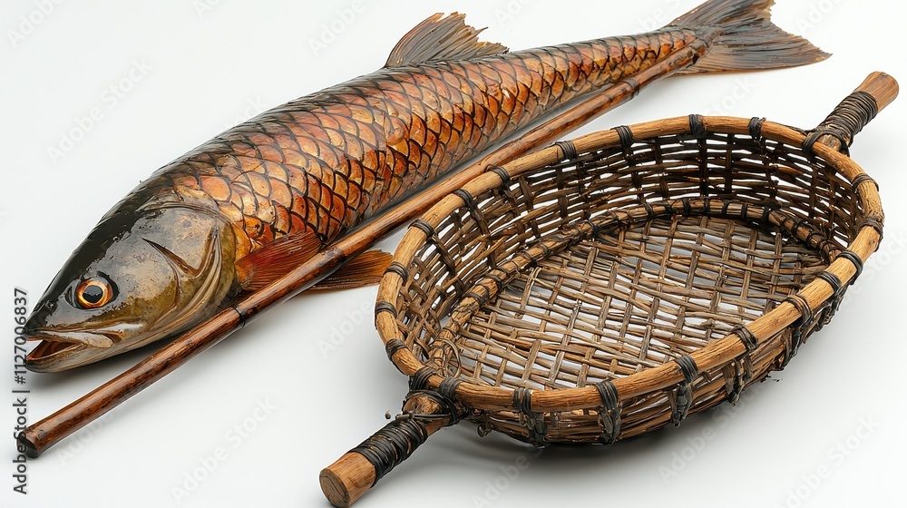 Obraz premium Realistic fish with shimmering scales next to a traditional woven basket on a white background
