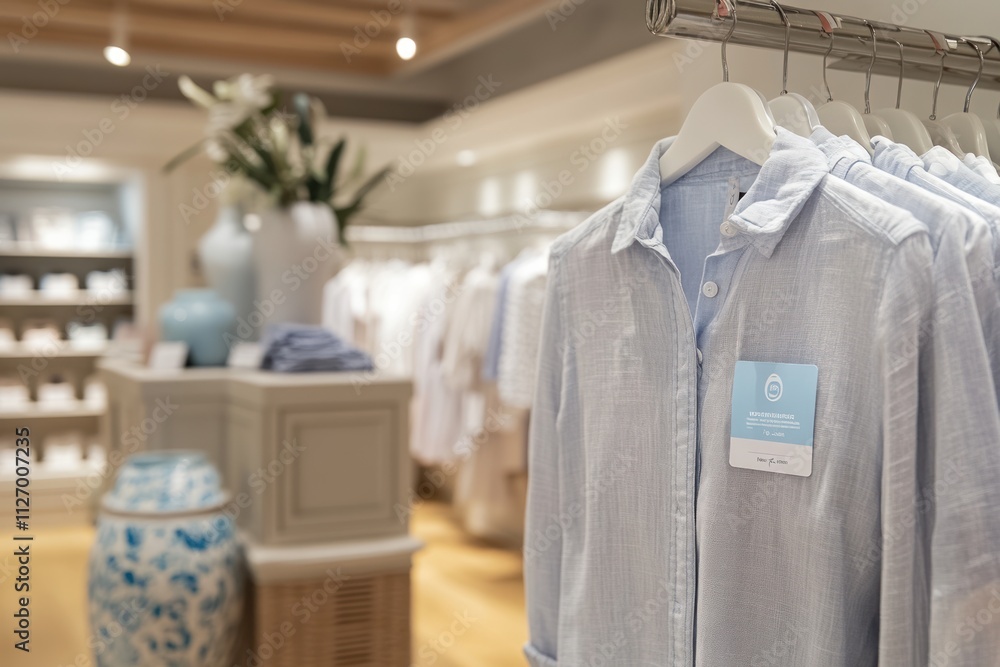 A clothing store interior showcasing light blue shirts on display. A clothing store interior showcasing light blue shirts on display.
