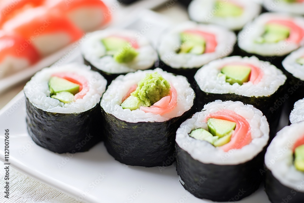 Fresh sushi rolls on white plate with wasabi Fresh sushi rolls on white plate with wasabi