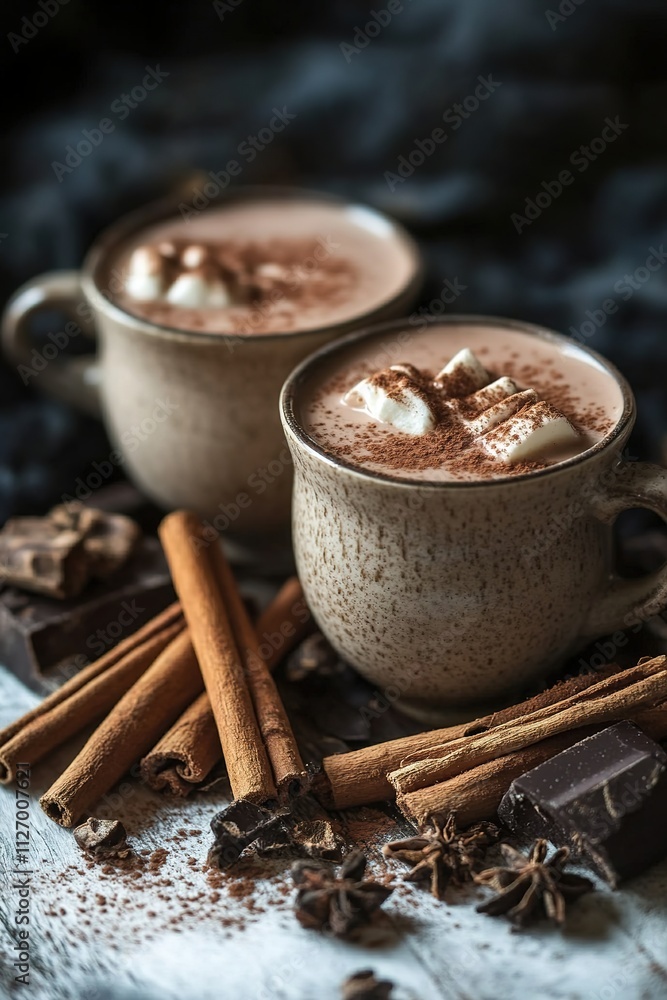 Fototapeta premium Cozy hot chocolate with marshmallows and cinnamon sticks