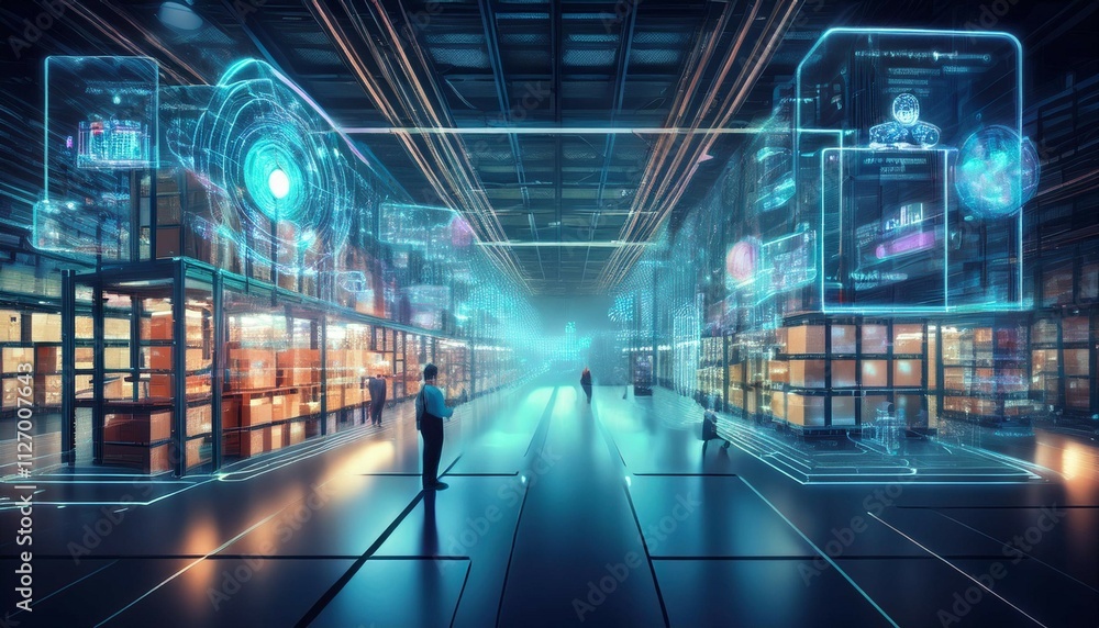 exploring innovative technology in a bustling warehouse filled with holographic displays exploring innovative technology in a bustling warehouse filled with holographic displays