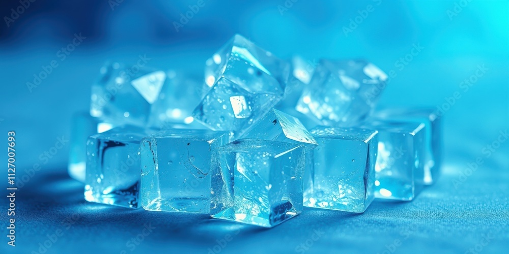A pile of translucent ice cubes on a cool blue surface, glistening with frozen water A pile of translucent ice cubes on a cool blue surface, glistening with frozen water