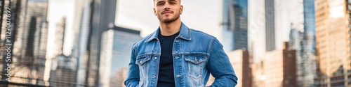 A young man poses confidently in a denim jacket against a city skyline backdrop.