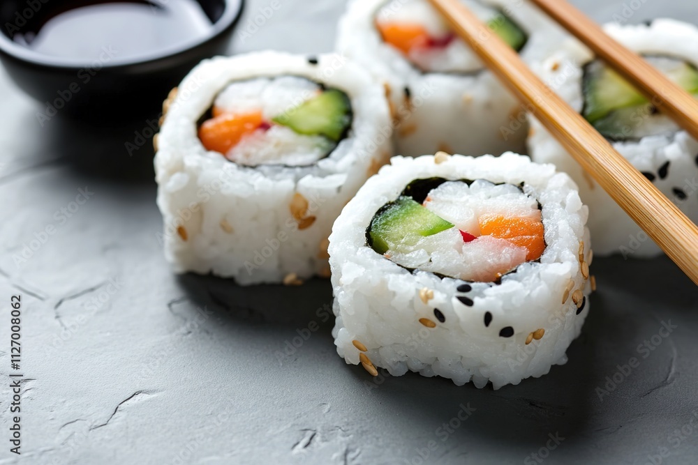 Sushi roll pieces with chopsticks on gray surface Sushi roll pieces with chopsticks on gray surface