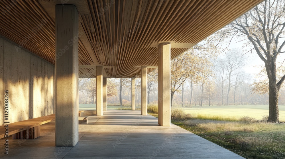 Modern architectural space with wooden elements and natural light, surrounded by greenery. Modern architectural space with wooden elements and natural light, surrounded by greenery.