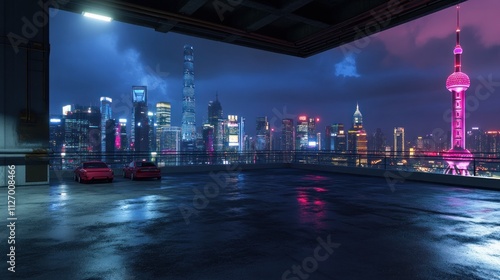 A futuristic city skyline at night with illuminated buildings and parked cars.