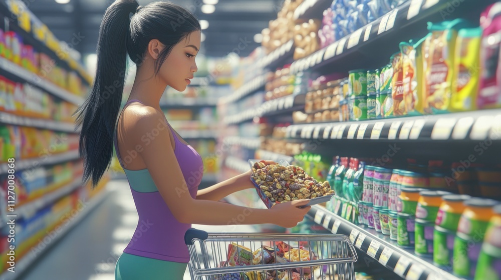 A woman shopping in a grocery store, examining a snack item. A woman shopping in a grocery store, examining a snack item.