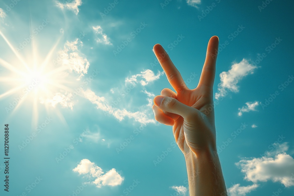 A close-up of a hand making the peace sign against a bright blue sky with scattered clouds, bathed in warm sunlight and radiating positivity and hope A close-up of a hand making the peace sign against a bright blue sky with scattered clouds, bathed in warm sunlight and radiating positivity and hope