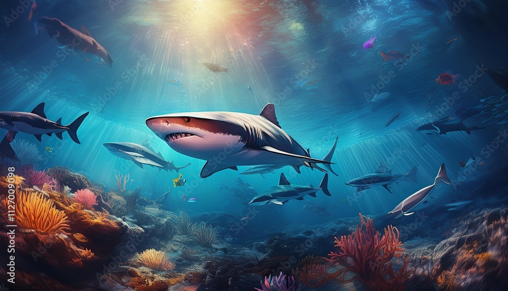 Fototapeta premium a serene underwater scene featuring various sharks swimming in illuminated depths