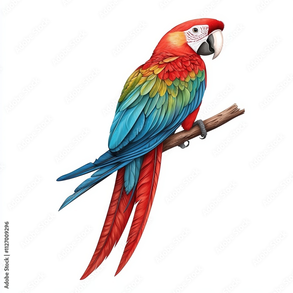 Fototapeta premium Colorful Scarlet Macaw Perched on Branch Displaying Bright Feathers in Vibrant Colors