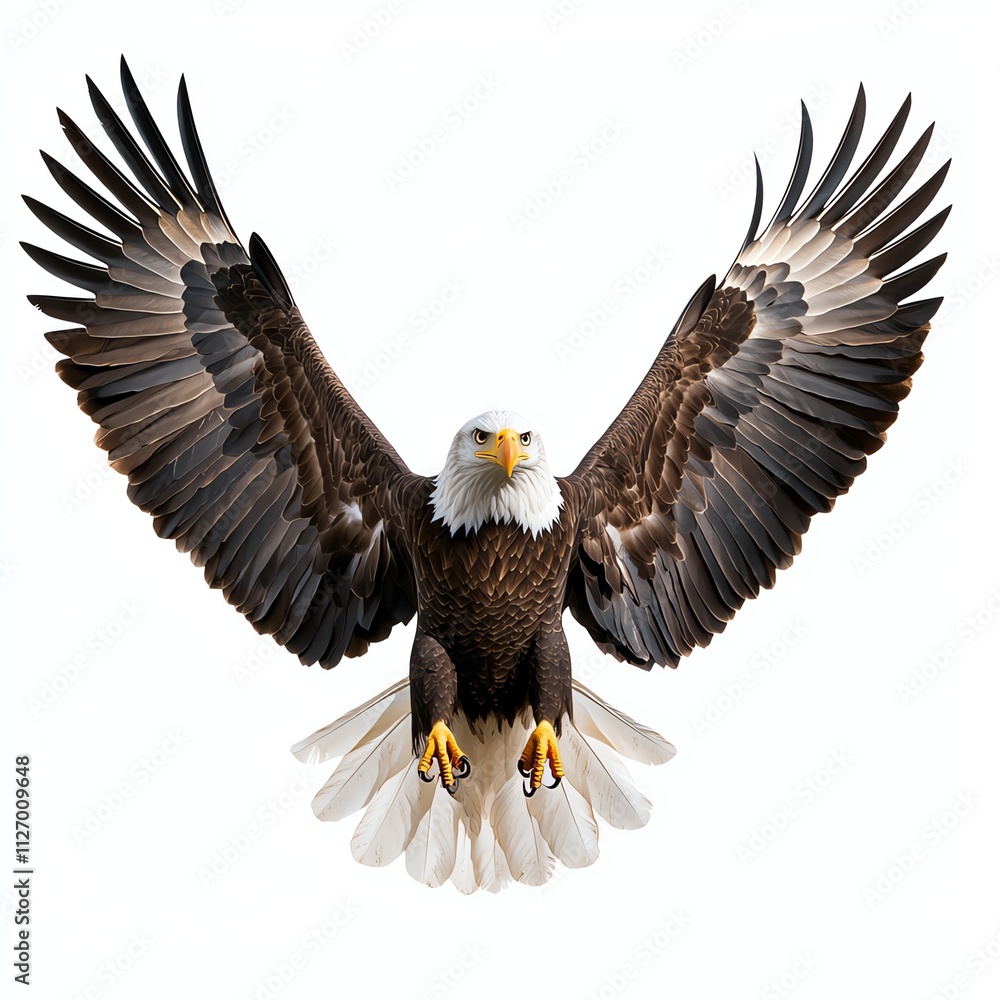 Obraz premium A majestic eagle with outstretched wings, showcasing its powerful presence and detailed feather patterns against a plain background.