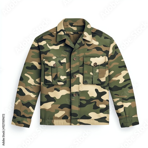 A camouflage jacket featuring a blend of green and tan colors, designed for outdoor activities and military-inspired fashion.