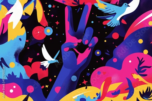 A bold and colorful abstract illustration of a hand making the peace sign, surrounded by flying doves and vibrant shapes on a dark background, symbolizing harmony and freedom photo