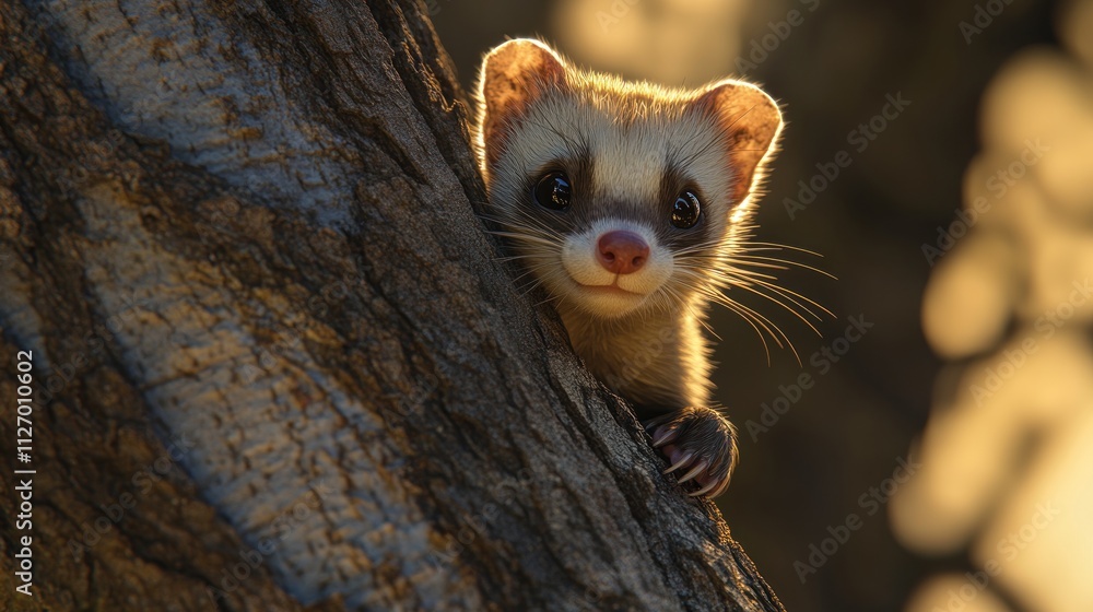 Fototapeta premium A cute animal peeks from behind a tree, showcasing its playful demeanor in a natural setting.