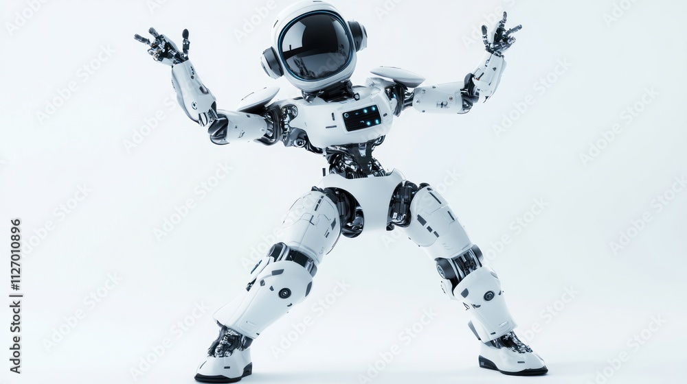 A humanoid robot striking a dynamic pose, showcasing advanced robotics and design. A humanoid robot striking a dynamic pose, showcasing advanced robotics and design.