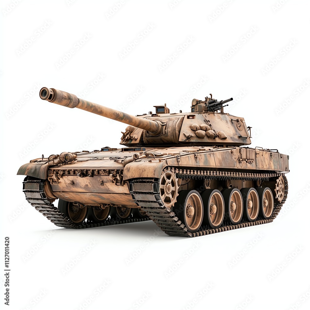 A detailed model of a military tank featuring a brown and weathered appearance, showcasing its robust design and intricate details. A detailed model of a military tank featuring a brown and weathered appearance, showcasing its robust design and intricate details.