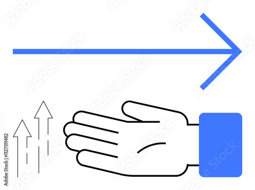 Arrow points right, hand extended with upward arrows. Ideal for progress, support, guidance, direction, help, teamwork empowerment. Line metaphor