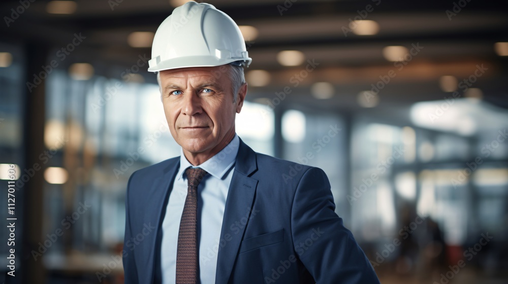 Experienced Senior Architect Supervising Construction Site with Laser Pointer and Hard Hat Against Blurred Concrete Structures Background Experienced Senior Architect Supervising Construction Site with Laser Pointer and Hard Hat Against Blurred Concrete Structures Background