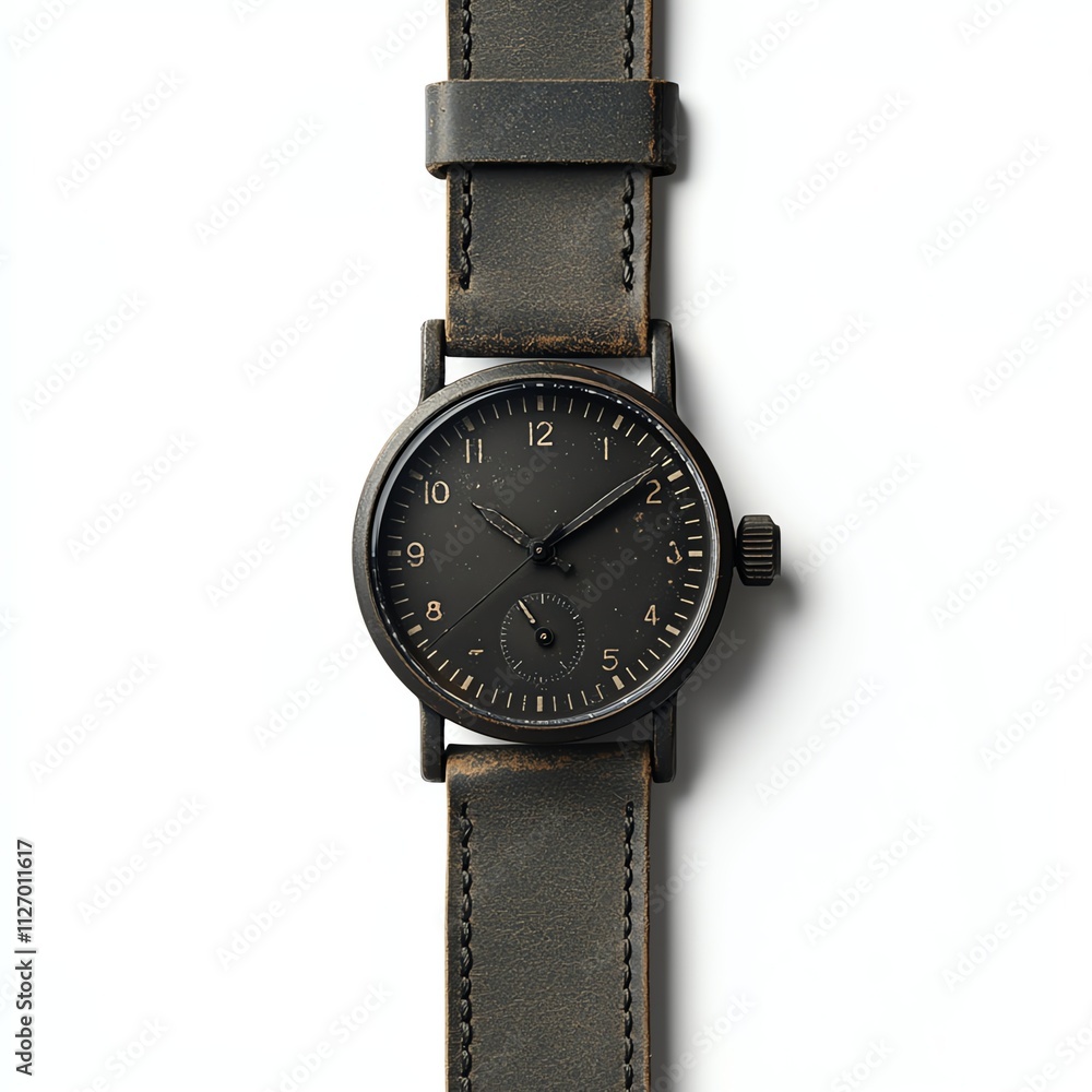 A sleek, minimalist watch featuring a dark dial and a rugged leather strap, perfect for casual and formal settings. A sleek, minimalist watch featuring a dark dial and a rugged leather strap, perfect for casual and formal settings.