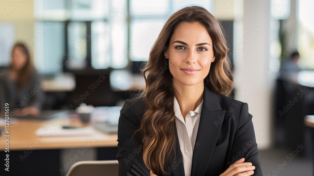 Confident Businesswoman at Bank: Portrait of a professional woman looking at the camera in a financial office setting with blurred documents on desk Confident Businesswoman at Bank: Portrait of a professional woman looking at the camera in a financial office setting with blurred documents on desk