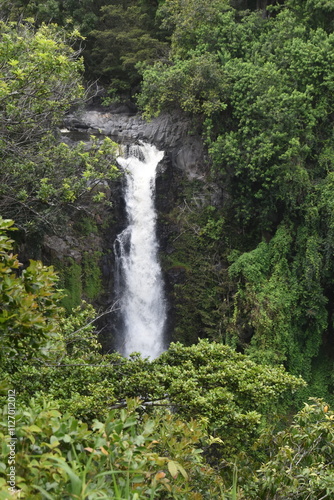 The stunning big wateralls running over the black lava rocks on Maui Island in Hawaii