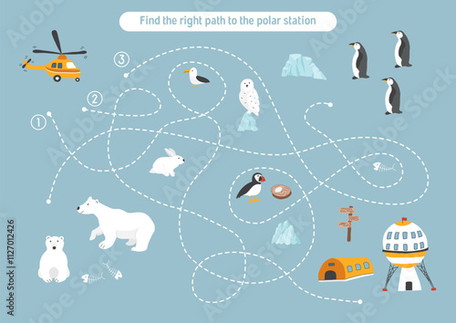 Labyrinth, Maze game for children. Logical puzzle for kids. Quest to find the right path for a helicopter to polar station. Vector illustration.