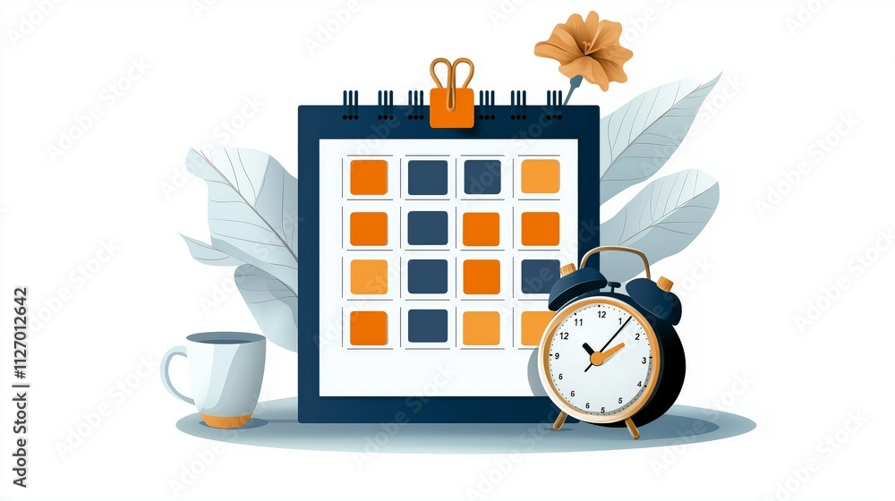 A vibrant flat illustration of a monthly habit tracker with a minimalist design, featuring an alarm clock, a coffee cup, and decorative leaves for a motivational touch A vibrant flat illustration of a monthly habit tracker with a minimalist design, featuring an alarm clock, a coffee cup, and decorative leaves for a motivational touch
