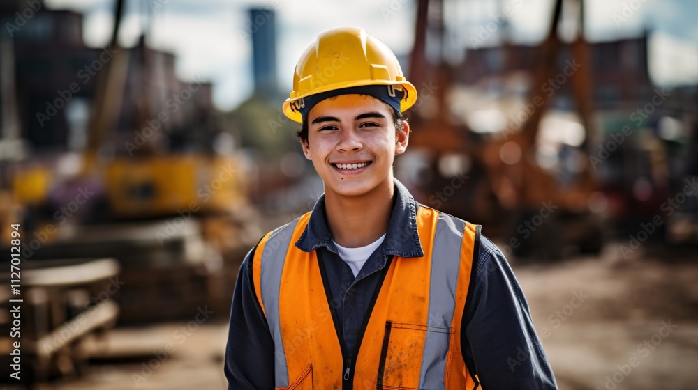 Confident Young Apprentice in Construction Uniform Smiling With Wrench, Urban Construction Site Background Confident Young Apprentice in Construction Uniform Smiling With Wrench, Urban Construction Site Background