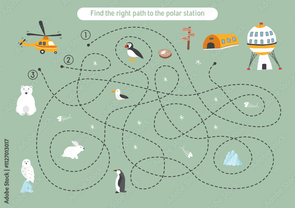 Obraz premium Labyrinth, Maze game for children. Logical puzzle for kids. Quest to find the right path for a helicopter to polar station. Vector illustration.