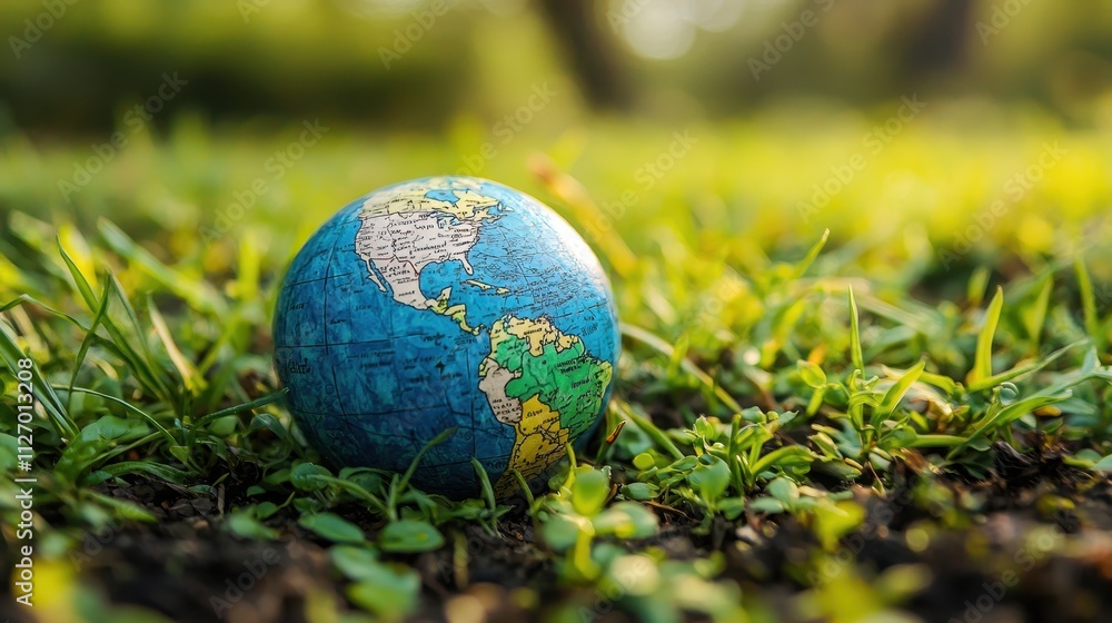 Colorful Globe on Grass Representing Environmental Awareness and Connection to Nature Amidst a Lush Green Background for Global Perspectives and Planet Care Colorful Globe on Grass Representing Environmental Awareness and Connection to Nature Amidst a Lush Green Background for Global Perspectives and Planet Care