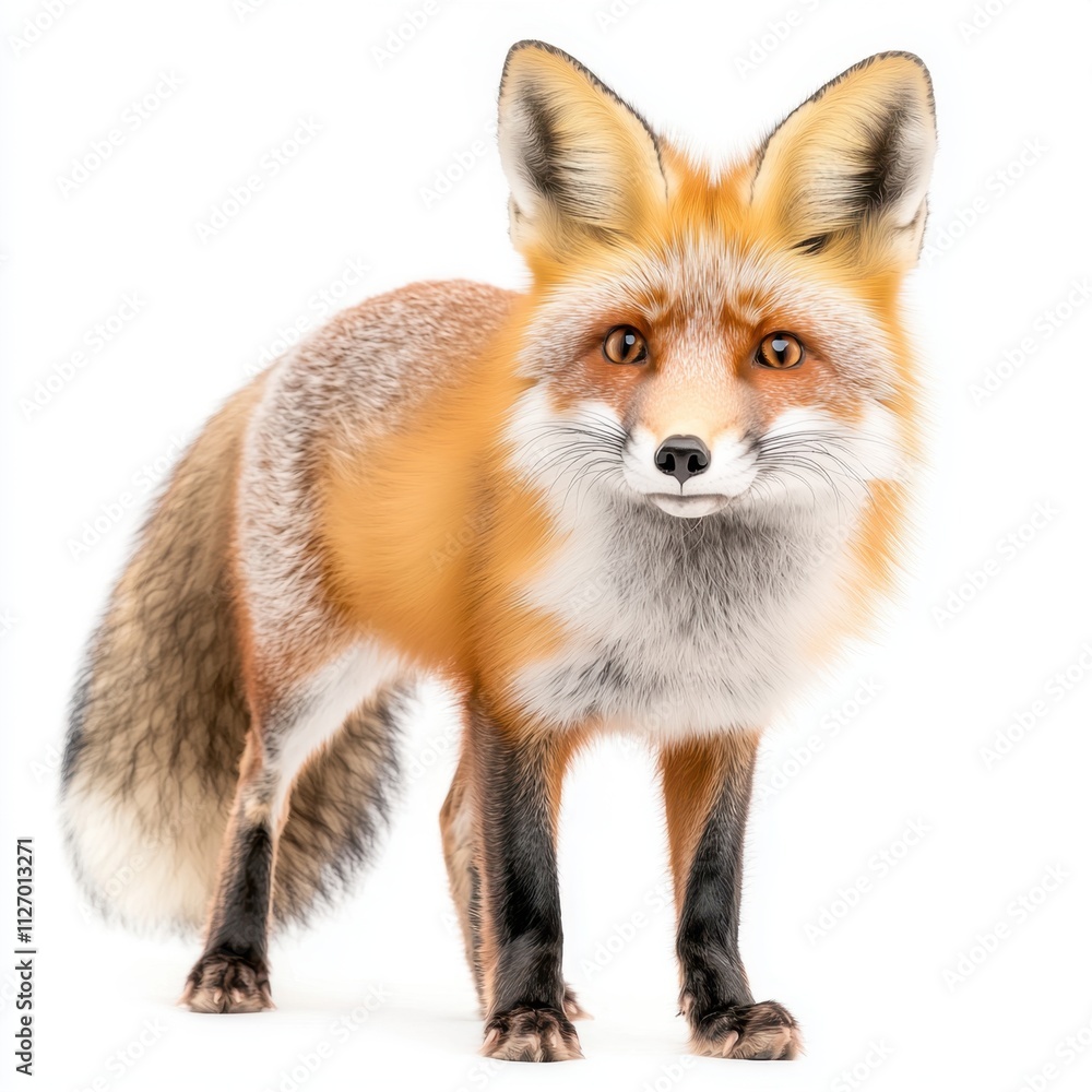 The image shows a striking red fox standing proudly against a crisp white background, with its vibrant fur and bushy tail creating a mesmerizing contrast. The image shows a striking red fox standing proudly against a crisp white background, with its vibrant fur and bushy tail creating a mesmerizing contrast.