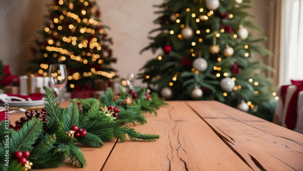 A bright living room with a wooden table and a decorated Christmas tree, with a soft, glowing effect.A wooden table in front of a blurred background with Christmas decorations, including a tree, garl
A bright living room with a wooden table and a decorated Christmas tree, with a soft, glowing effect.A wooden table in front of a blurred background with Christmas decorations, including a tree, garl