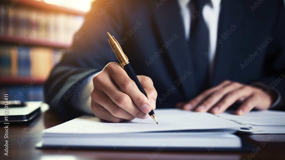 Financial Transaction: Person in Formal Attire Filling Out Form in Bank Office with Blurred Background of Financial Documents Financial Transaction: Person in Formal Attire Filling Out Form in Bank Office with Blurred Background of Financial Documents