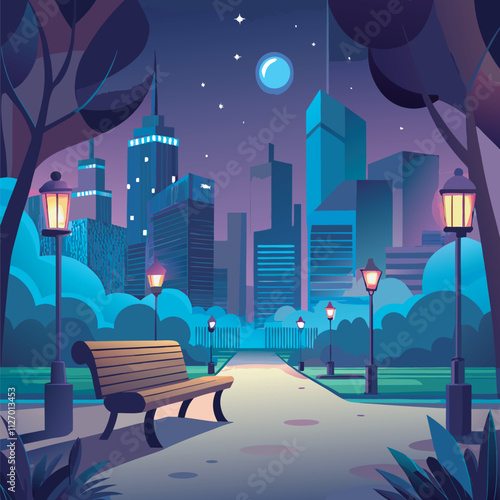 Nighttime city park with benches and lampposts
