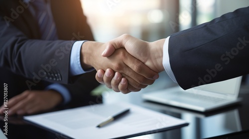 Successful Business Negotiation: Close-up of Businessperson Shaking Hands at Bank Meeting Table with Financial Documents and Laptop Background