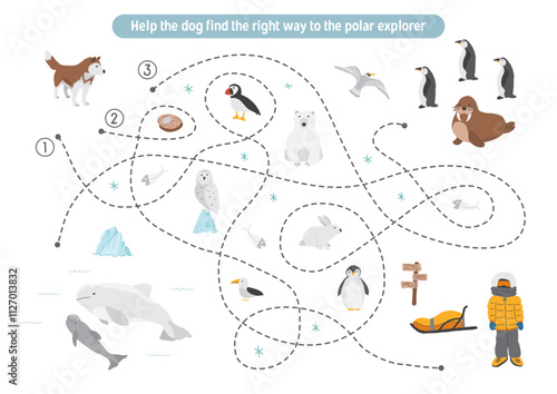 Labyrinth, Maze game for children. Logical puzzle for kids. Quest to find the right path for a dog to polar explorer. Vector illustration.