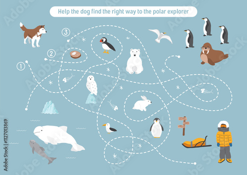 Labyrinth, Maze game for children. Logical puzzle for kids. Quest to find the right path for a dog to polar explorer. Vector illustration.