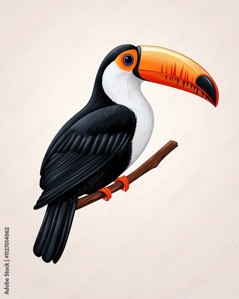 Naklejka premium Colorful toucan perched on a branch with vibrant feathers and striking beak illustration