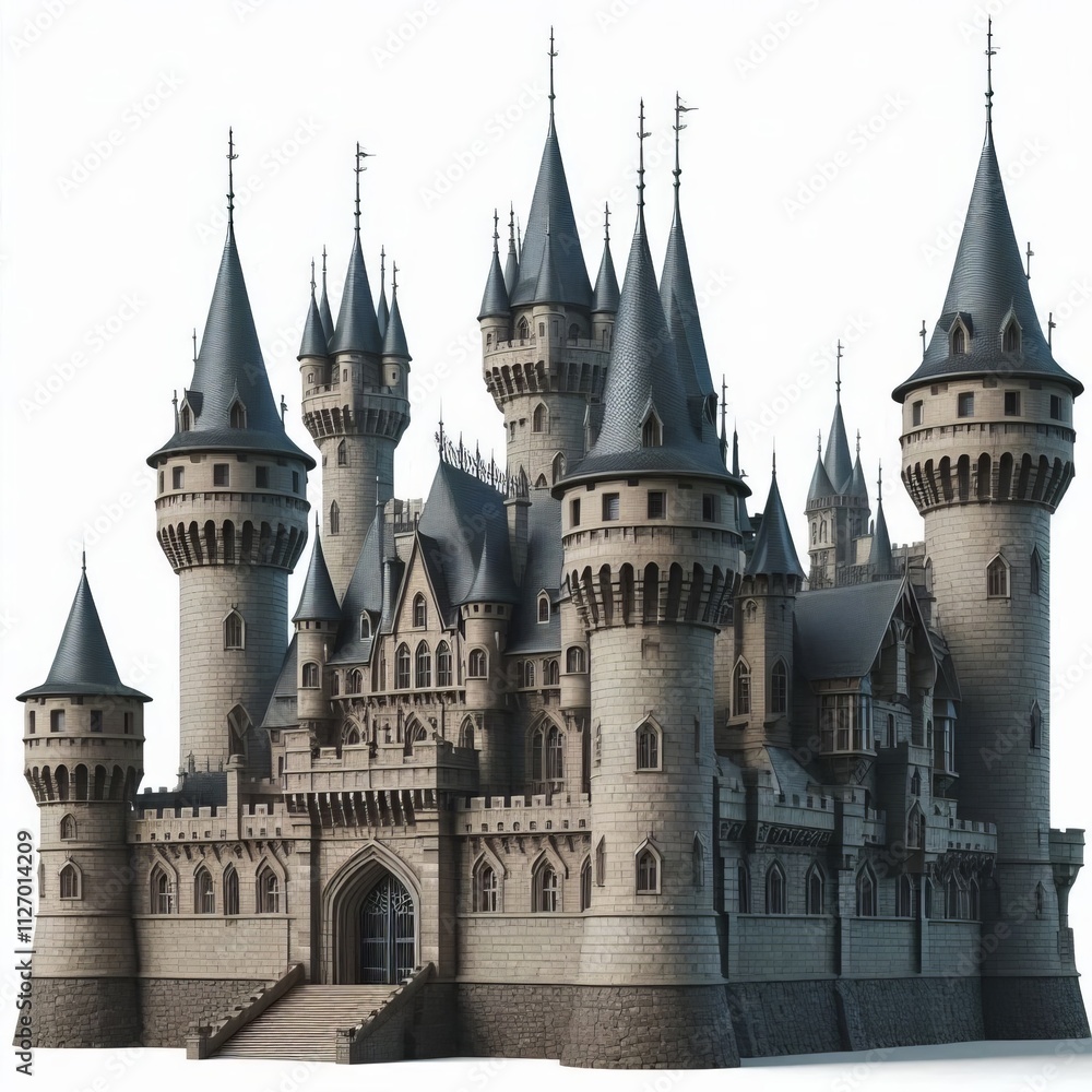 Fototapeta premium Medieval Castle with Turrets A stone medieval castle featuring t