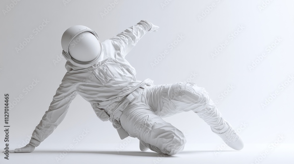 A stylized, white astronaut figure striking a dynamic pose against a minimalist background. A stylized, white astronaut figure striking a dynamic pose against a minimalist background.