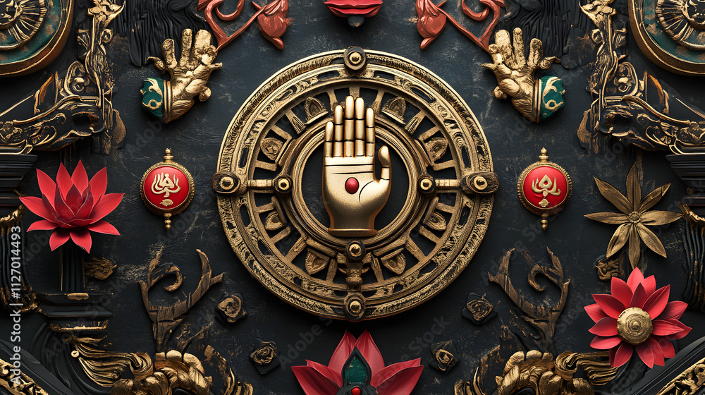 An Artistic Illustration of Jain Symbols and Motifs, Incorporating Elements that Represent the Core Values and Teachings of Jain Philosophy An Artistic Illustration of Jain Symbols and Motifs, Incorporating Elements that Represent the Core Values and Teachings of Jain Philosophy