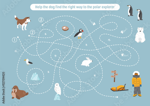 Labyrinth, Maze game for children. Logical puzzle for kids. Quest to find the right path for a dog to polar explorer. Vector illustration.