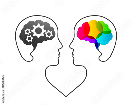 Left and right brain and cerebral hemispheres concept. Left brain with gears as logic and analytical thinking, right brain with colorful shapes as creativity and creative imagination symbol.