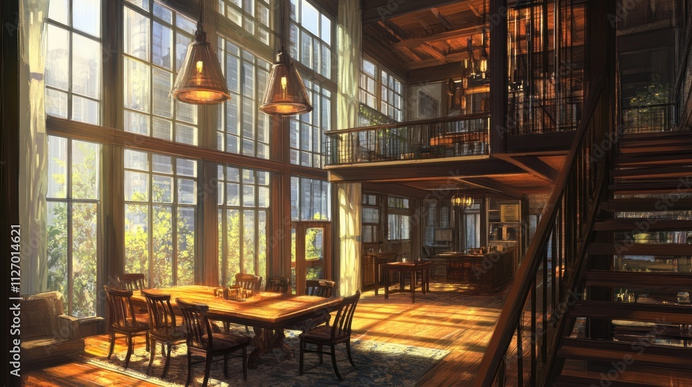 A cozy, sunlit interior with wooden furniture and large windows, inviting relaxation and gathering. A cozy, sunlit interior with wooden furniture and large windows, inviting relaxation and gathering.