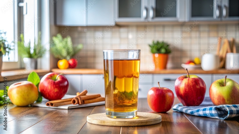 An apple glass of juice on a kitchen counter An apple glass of juice on a kitchen counter