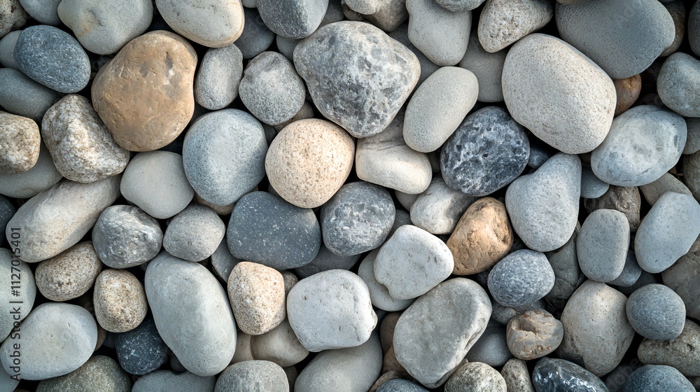 Smooth River Stones Background Texture: A Collection of Gray, Brown, and Beige Pebbles Smooth River Stones Background Texture: A Collection of Gray, Brown, and Beige Pebbles