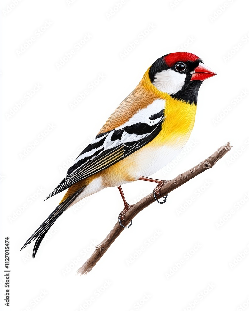 Naklejka premium Vibrant Goldfinch Bird Illustration Perched on a Branch Against a White Background