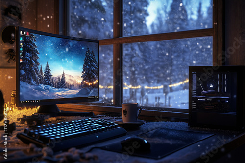  A cozy gaming setup with a snowy window and a cup of hot cocoa on the desk. photo