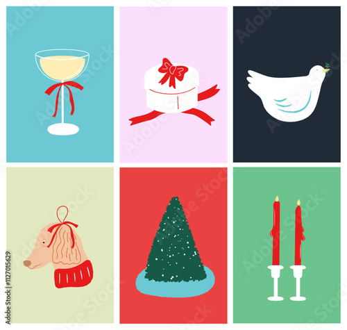 Christmas holiday elements illustration portrait. Christmas tree, gift, dove, dining decorations. 